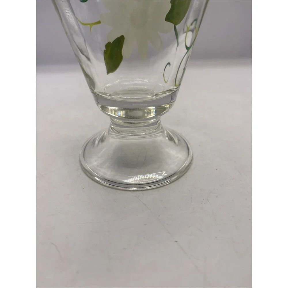Footed Glass Vase Adorned With Hand Painted Daisies Heavy Glass 7.5” Tall